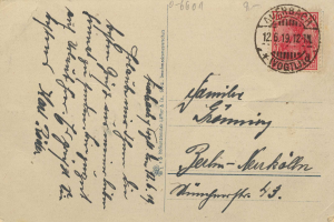 Alte deutsche Postkarte mit rotem Stempel, mit der gedruckten Inschrift "Gesimnacks & Co. & Co."