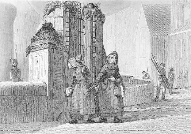 Schwarz-weißes Gravur von zwei Frauen vor einem Gebäude, mit ein paar anderen Menschen im Hintergrund und Text unten lesend "Victorian Women in the City of London".
