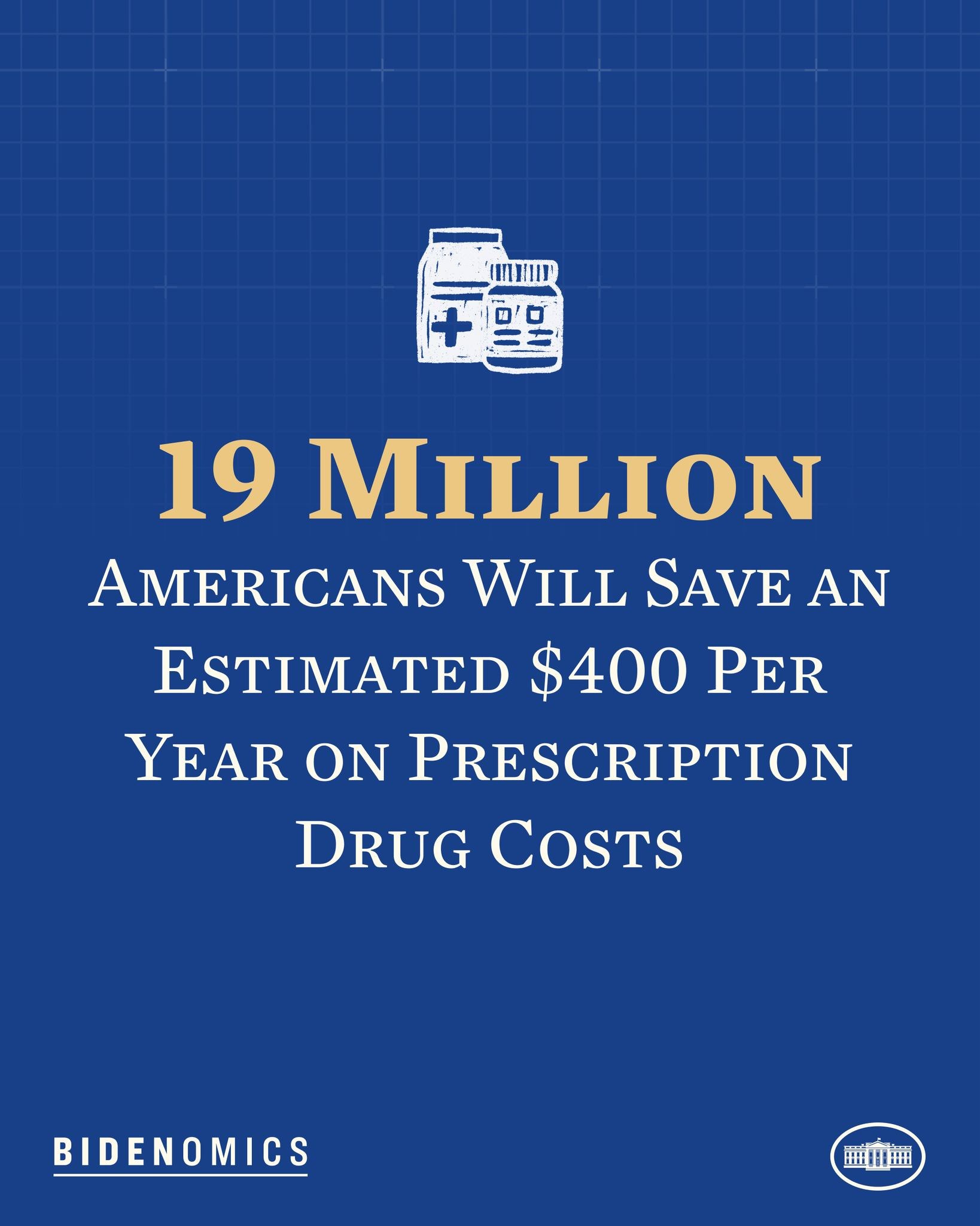 Blauer Hintergrund mit wei├čer Schrift und Logo, das besagt: "19 Millionen Amerikaner sparen sch├Ątztweise 400 Dollar pro Jahr an Arzneikosten."