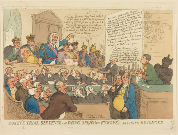 Cartoon-Illustration einer Gerichtsszene mit einem zentralen stehenden Mann, sitzenden Figuren, einem Tisch mit Gegenständen auf der rechten Seite und dem Text "Boney's Trial, Sentence, and Dying Speech Europe's Injuries Revenged" unten.