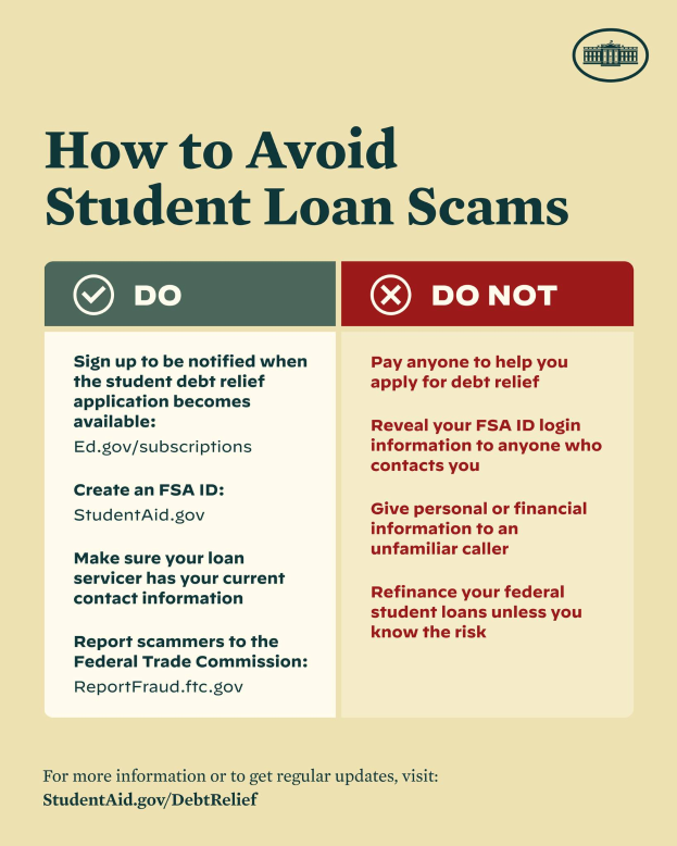 Ein buntes Plakat mit einem blauen Hintergrund und weißer fettgedruckter Textmitte, betitelt "Wie man Studentenkreditschwindeleien vermeidet", mit einer kleinen Illustration eines Schülers mit einem Vergrößerungsglas in der oberen rechten Ecke und einer Liste von Schritten, um Schwindeleien zu vermeiden.