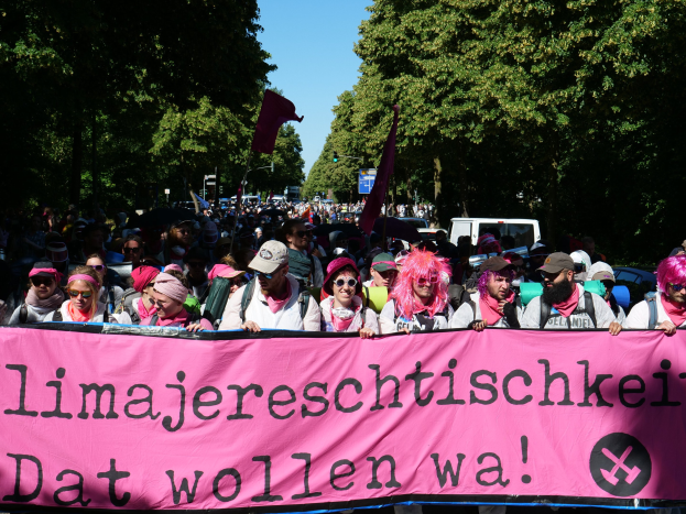Eine Gruppe von Menschen marschiert auf einer Straße, hält eine pinkfarbene Fahne mit der Aufschrift "Women's March in Berlin" hoch, wobei einige Mützen und Schutzbrillen tragen und andere Fahnen tragen, vor einem Hintergrund aus Bäumen, Fahrzeugen und Himmel.