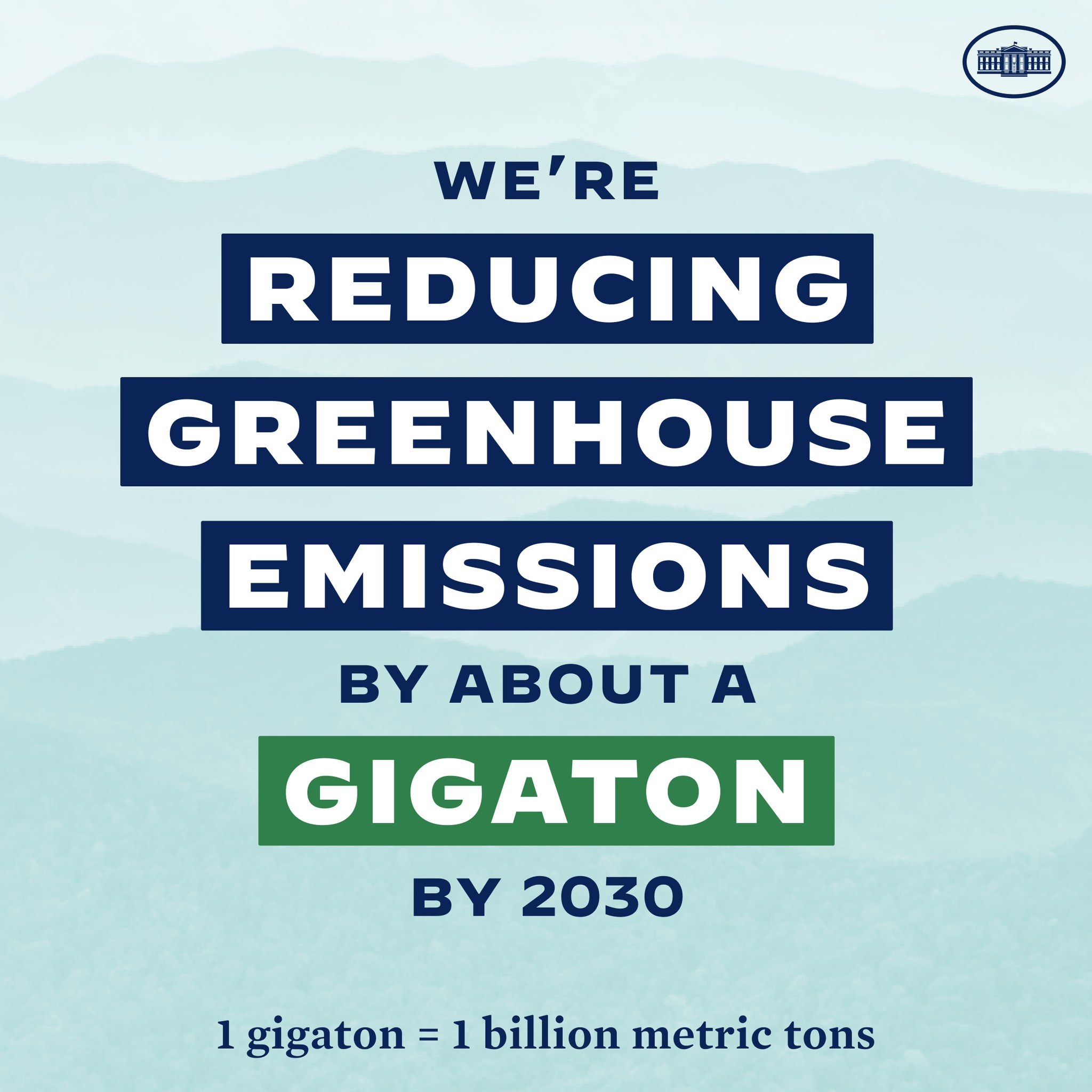 Plakat mit Text und Logo, das "Wir reduzieren die Treibhausgasemissionen um etwa eine Gigatonne bis 2030" verkündet und für die Reduzierung der Treibhausgasemissionen bis 2030 wirbt.