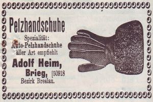 Alte deutsche Visitenkarte mit einer Abbildung von einem Paar Handschuhe und gedrucktem Text.