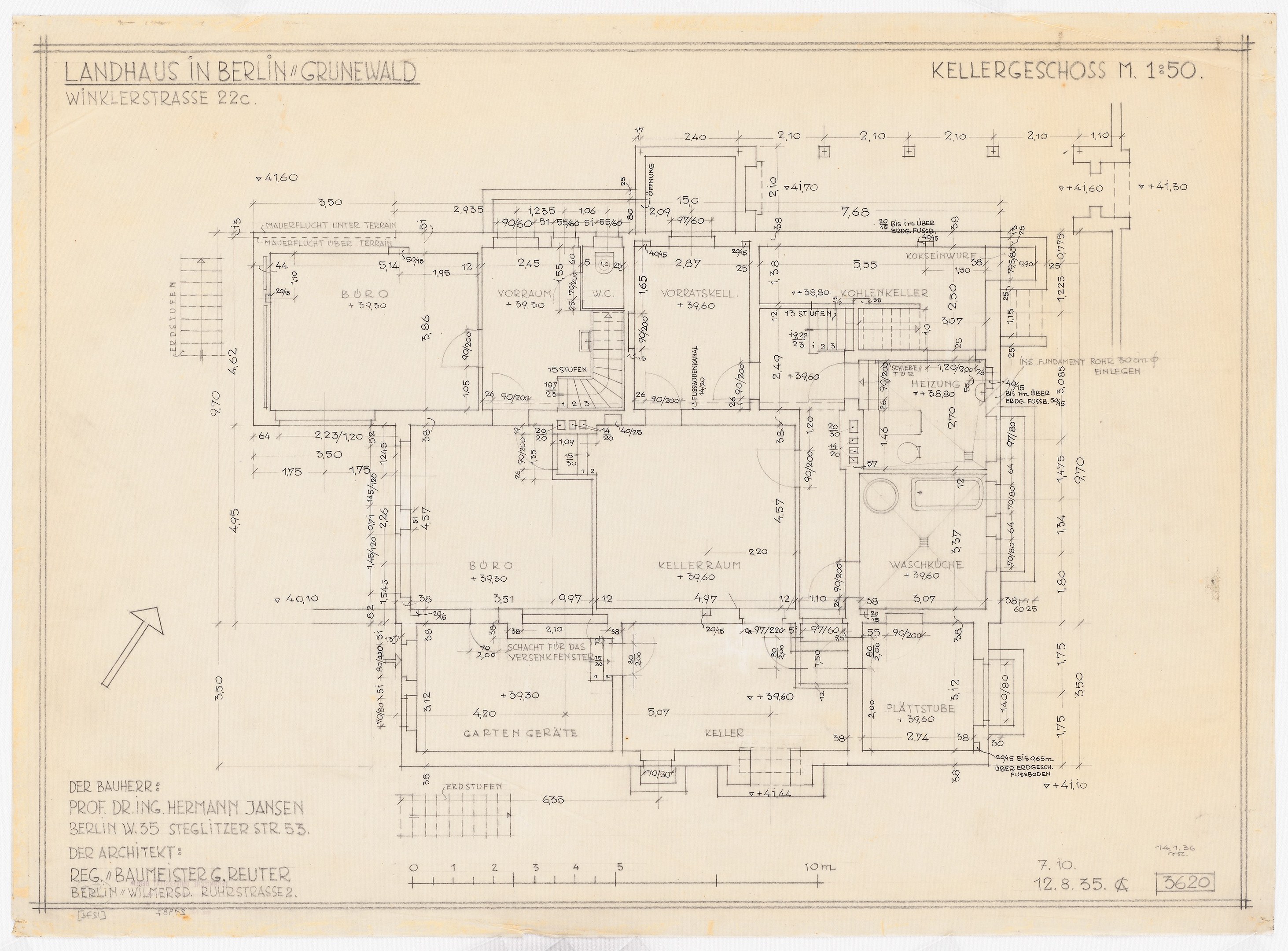 Blaupause eines Hauses mit der Aufschrift "Landhaus in Berlin" auf Papier gezeichnet, wahrscheinlich ein Hausplan.