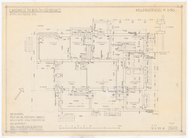 Blaupause eines Hauses mit der Aufschrift "Landhaus in Berlin" auf Papier gezeichnet, wahrscheinlich ein Hausplan.