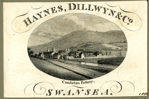 Eine alte Postkarte mit einem zentralen Bild von Haynes, Dillwyn & Co. umgeben von Häusern, Hügeln und Himmel, mit Text oben und unten.