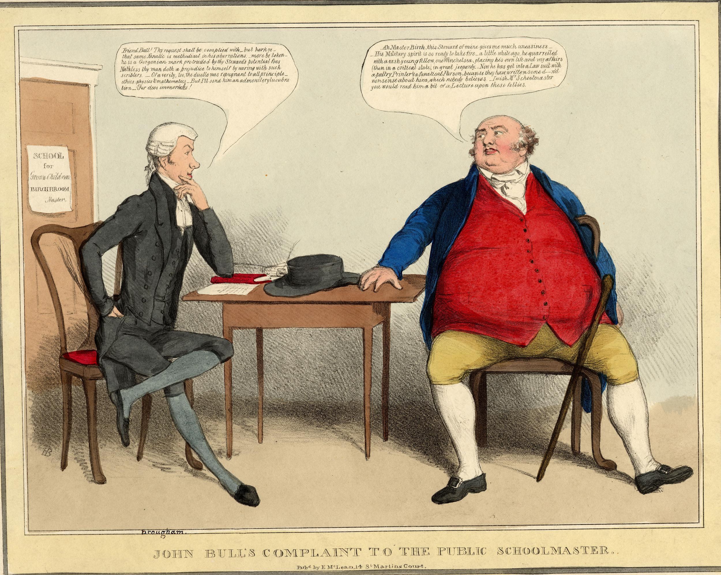 John Bull steht einem sitzenden Lehrer gegenüber an einem Tisch mit Hut und Papieren, während eine weitere Person in der Nähe sitzt; eine Tür und ein Papier an der Wand sind im Hintergrund sichtbar.