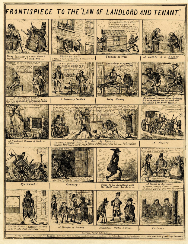 Cartoonartige Illustrationen von Menschen, Gebäuden und Gegenständen begleiten fett gedruckten Text auf einem Papier, das das Mietrecht darstellt und von einem dekorativen Rahmen umgeben ist.