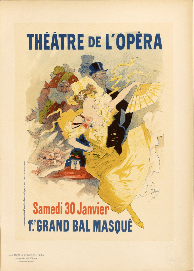Plakat für das Théâtre de l'Opéra in Paris mit einer Frau in einem weißen Kleid mit einem blauen Schal, ihre Haare zu einem Dutt gebunden, vor einem tiefblauen Nachthimmel mit Sternen.