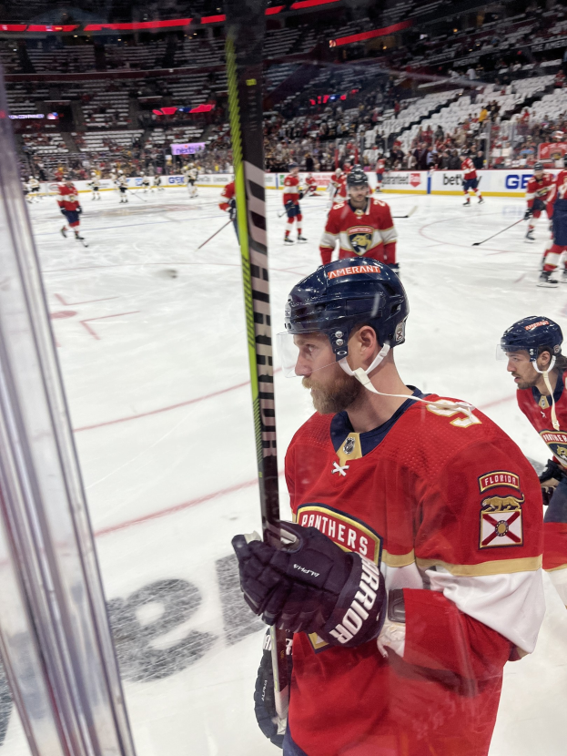 Gruppe von Hockey-Spielern in Helmen und Handschuhen auf dem Eis mit Hockey-Schlägern, die den Zuschauern in den Tribünen hinter einer Glaswand gegenüberstehen, mit einem Scoreboard, das "Florida Panthers vs New Jersey Devils - 3/24/15 NHL Pick, Odds, and Prediction" anzeigt.