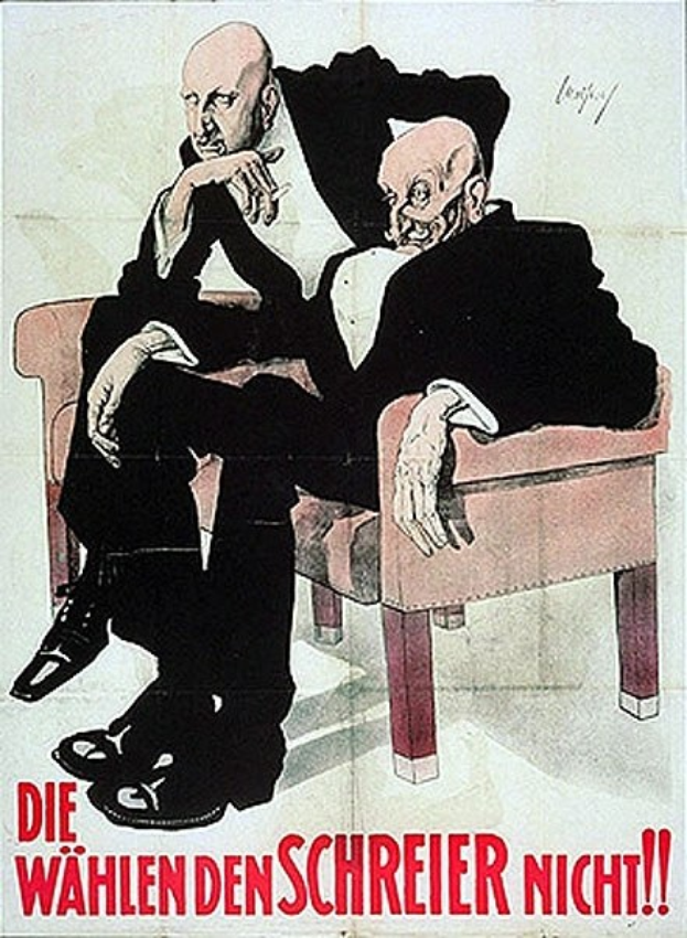 Deutsches Propagandaplakat für die NSDAP mit zwei Männern auf einem Sofa und Text zur Parteipropaganda.