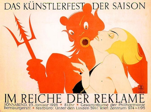 Ein farbenfrohes Festivalplakat aus Deutschland, das eine Frau in einem langen Kleid mit einem Dutt und einen Teufel mit geschwungenen Hörnern und Schwanz zeigt, vor einem bunten Hintergrund.