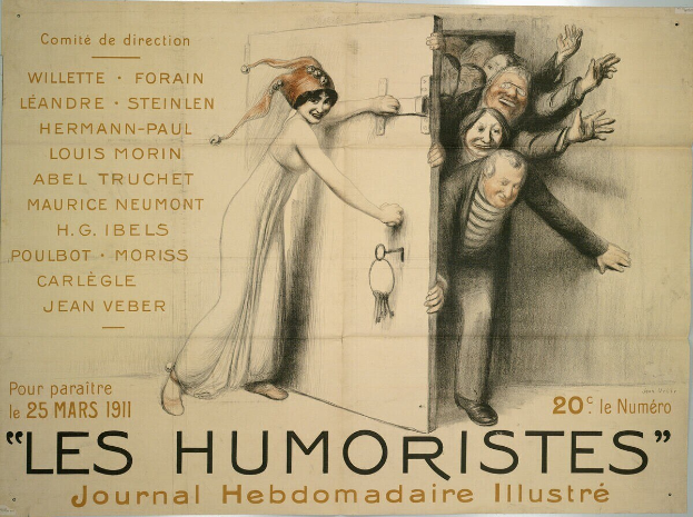 Ein buntes Plakat an einer Gebäudewand mit der Aufschrift "Les Humoristes Journal Hebdomadaire Illustré", das eine Gruppe von lachenden Menschen zeigt.