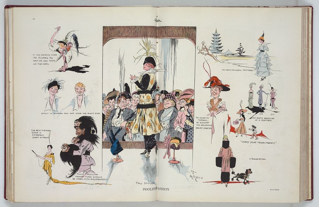 Ein aufgeschlagenes Buch mit einer Zeichnung einer vielfältigen Gruppe von Menschen auf seinen Seiten, das auf einer flachen Oberfläche liegt und Bilder und Text zum Thema Mode enthält.