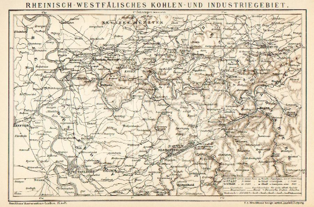 Detailierte alte Karte des Rheinisch-Westfälischen Kohle- und Industriegebiets mit Text oben und unten, zeigt geografische Merkmale wie Flüsse, Berge und Städte.