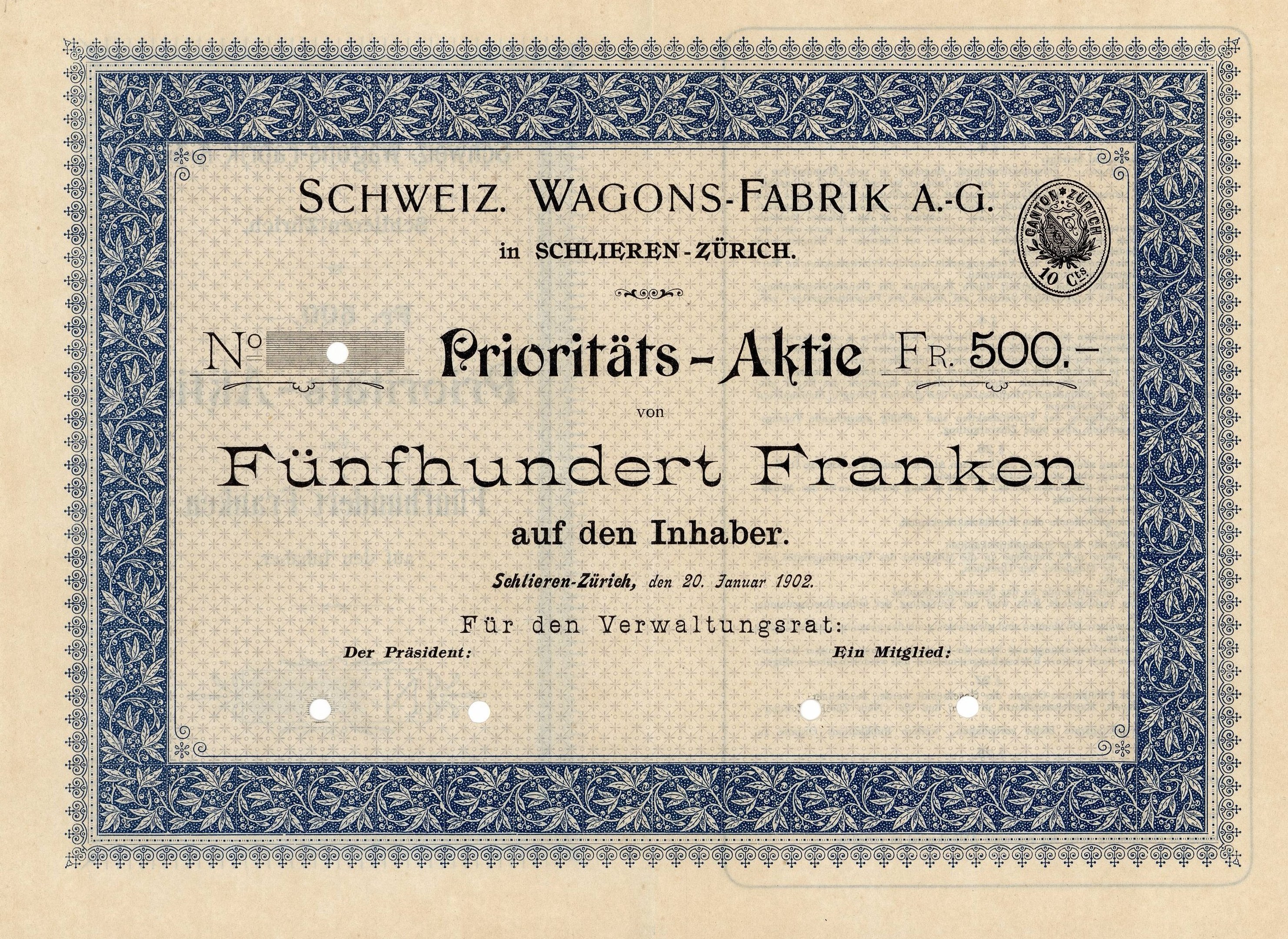 Altes deutsches Aktienzertifikat mit blauem Rand, das den Text "Schweiz Wagons-Fabrik A.G." trägt