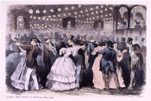 Eine Gruppe von Menschen, die in einem Ballsaal tanzen, mit beleuchteten Wänden und einem Text am unteren Rand, der 'Madame Baille Nacional en la Campagne Bleuet, 1860' lautet.