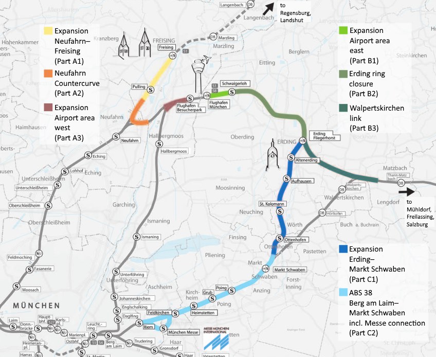 Eine detaillierte Stadtkarte, die die Bahnroute von München nach Frankfurt mit markierten Haltestellen, Umgebung und zusätzlichen Bahninformationen hervorhebt.