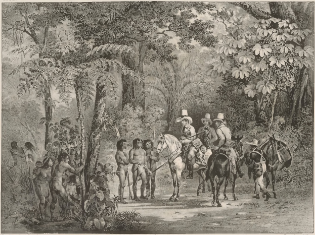 Eine Gruppe von Menschen, die auf Pferden durch einen üppigen Dschungel reitet, mit Bäumen und Pflanzen im Hintergrund und Text unten im Bild.