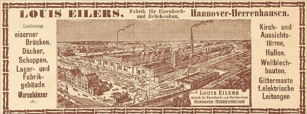 Schwarze und weiße Anzeige für die Louis Eilers Hannover-Herrenhausen-Fabrik, die ein Fabrikgebäude mit Textüberlagerung zeigt.