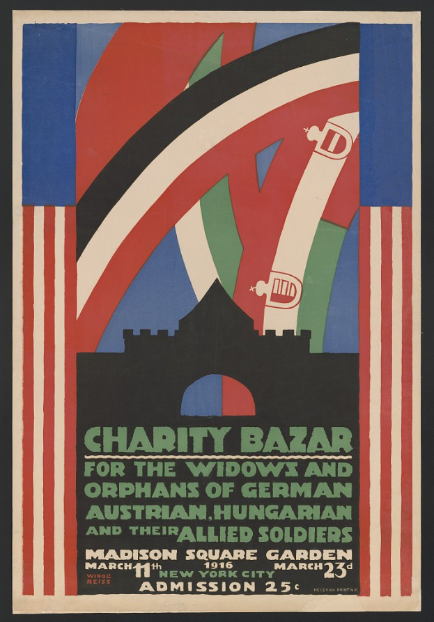 Plakat für einen Wohltätigkeitsbasar für Witwen und Waisen deutscher, australischer, ungarischer und alliierter Soldaten mit Veranstaltungshinweisen im Text.