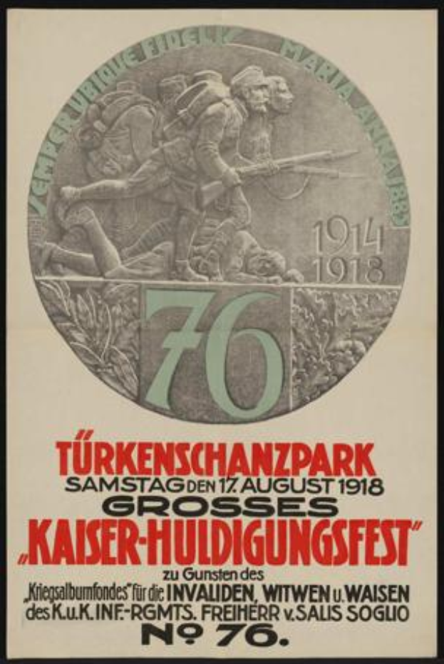 Ein gerahmtes Plakat zum 70. Jubiläum des Kaiser-Huldigungsfests in Berlin, Deutschland, das eine Gruppe von Menschen in der Mitte zeigt, umgeben von Text und Zahlen.