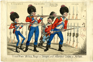 Cartoon von bewaffneten Uniformierten, die in einem Wachraum stehen, mit Text unten: 'Wachraum-Taktik, Käfer in Gefahr oder ein Freiwilligenkorps im Einsatz'.