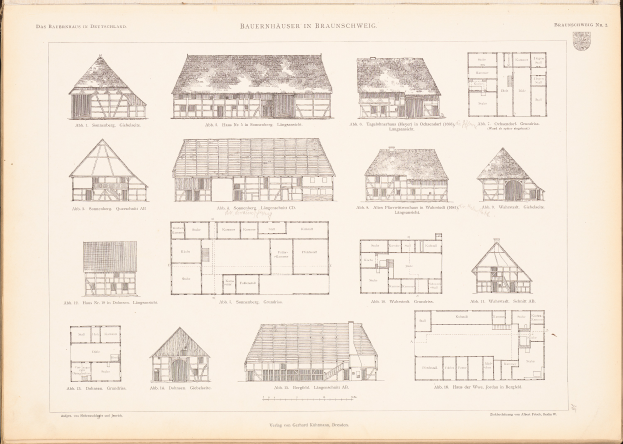 Ein öffenes Buch mit detaillierten Plänen und Zeichnungen verschiedener einzigartig gestalteter Häuser, begleitet von beschreibendem Text.