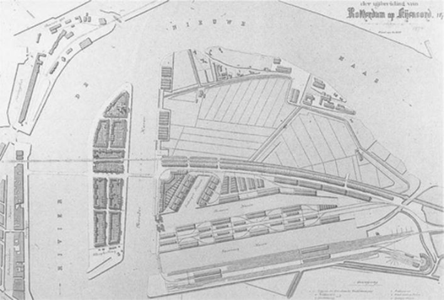 Schwarz-weißer architektonischer Plan einer Stadt mit zahlreichen Gebäuden, identifiziert als der vorgeschlagene Standort des Royal Hospital in London, begleitet von handgeschriebenem Text.
