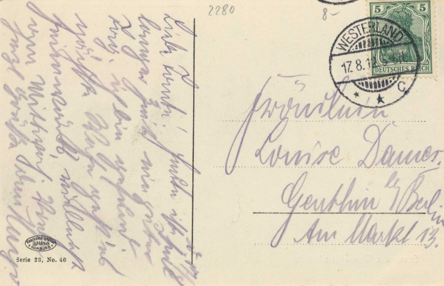 Alte deutsche Postkarte mit einer 5c-Marke, an Westerland, Deutschland, adressiert.