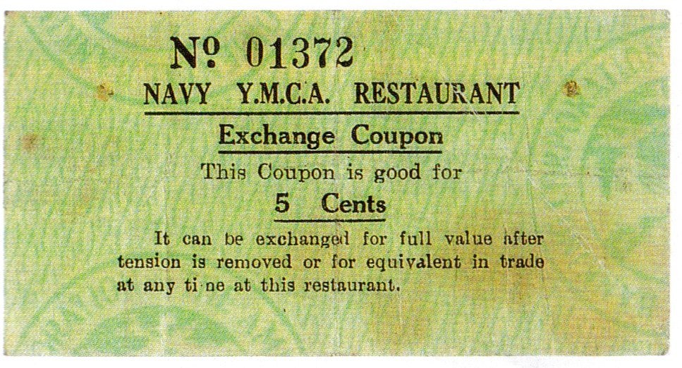 Papiergutschein mit der Aufschrift "Navy YMCA Restaurant Exchange Coupon" für ein Restaurant.