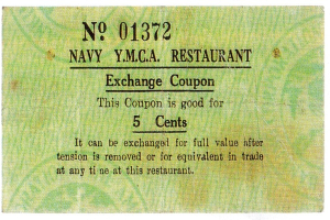 Papiergutschein mit der Aufschrift "Navy YMCA Restaurant Exchange Coupon" für ein Restaurant.