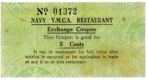 Papiergutschein mit der Aufschrift "Navy YMCA Restaurant Exchange Coupon" für ein Restaurant.