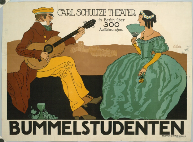 Ein Plakat, das ein Konzert im Carl-Schulze-Theater in Berlin, Deutschland ankündigt, zeigt einen Mann mit einer Gitarre und eine Frau mit einem Fächer, sowie Text auf dem Plakat.