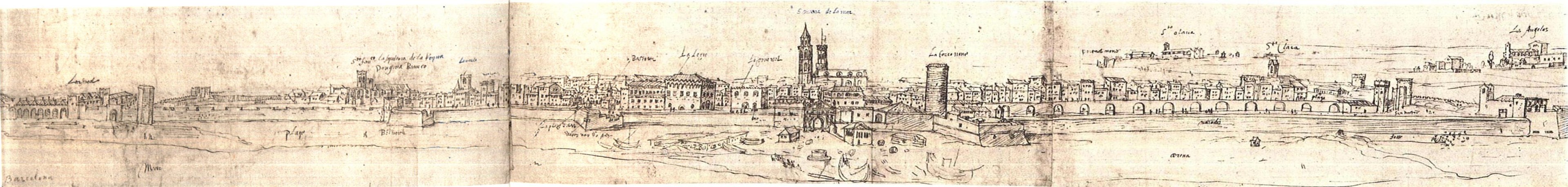 Offenes Buch mit detaillierter Stadtansicht, die Gebäude und eine Brücke zeigt, begleitet von handgeschriebener Text auf dem Papier.