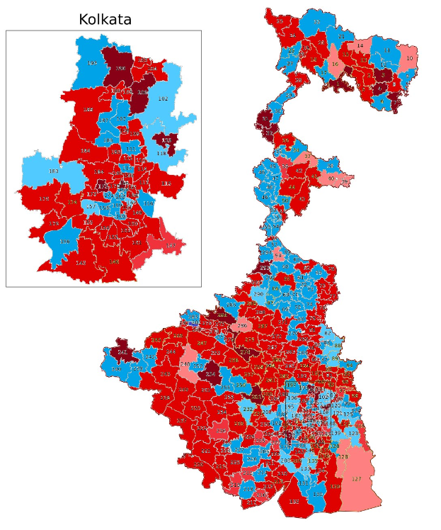 Eine Karte von Kolkata, Indien, mit farbcodierten Bereichen, die den Prozentsatz der Menschen in jedem Bereich darstellen, mit der Überschrift "Kolkata-Wahl-Ergebnisse".
