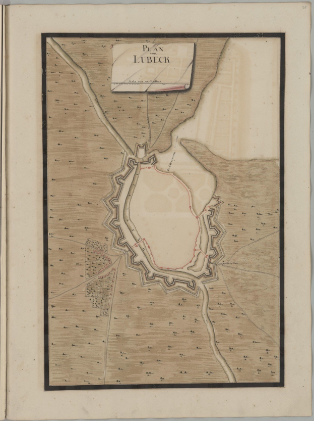 Eine detaillierte Karte der Stadt Lübeck auf dem Cover eines alten Buches, das Straßen, Gebäude und Sehenswürdigkeiten zeigt, begleitet von Texten über die Geschichte und Kultur der Stadt.