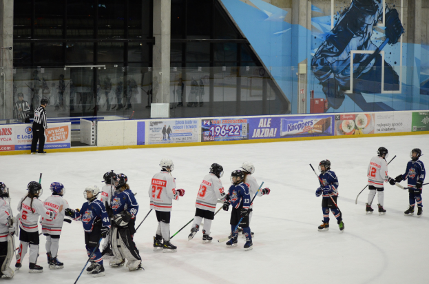 Gruppe junger Menschen beim Eishockey auf einer Indoor-Eisfläche, die Helme tragen und Hockey-Schläger halten, mit einer Person auf der linken Seite und Bannern, Säulen und Glaswänden im Hintergrund.