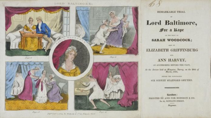 Eine historische Illustration, die einen Prozess mit Porträts von Individuen, drapierten Vorhängen und gedrucktem Text zeigt.