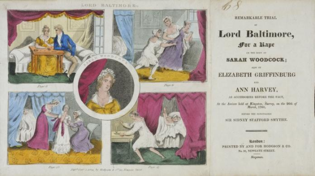 Eine historische Illustration, die einen Prozess mit Porträts von Individuen, drapierten Vorhängen und gedrucktem Text zeigt.