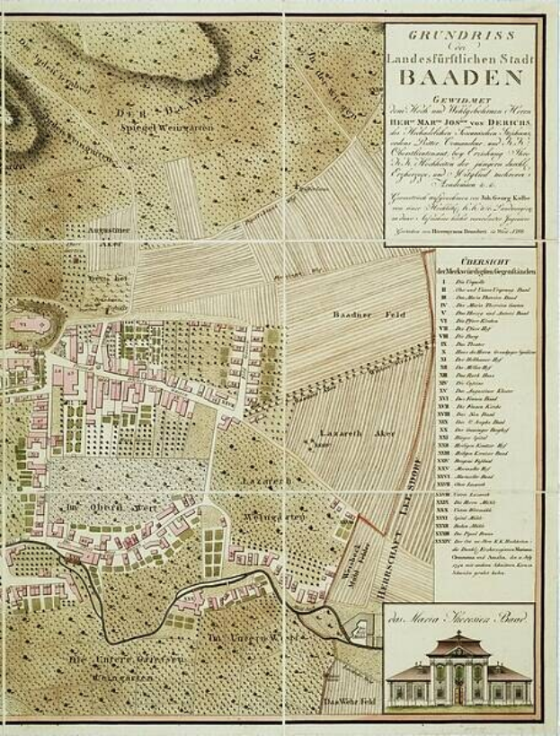 Alte detaillierte Karte von Baden-Württemberg, Deutschland, mit einem Gebäude in der rechten unteren Ecke, die Straßen, Gebäude und Sehenswürdigkeiten zeigt.