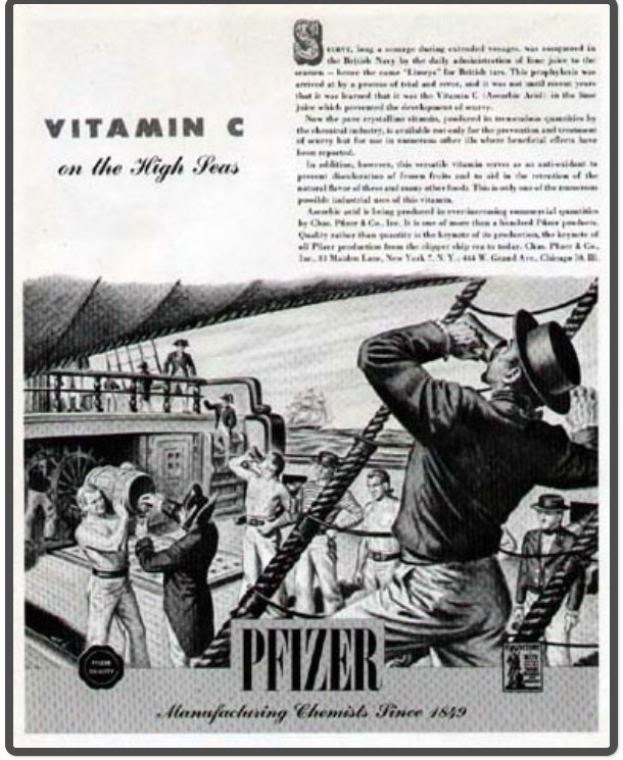 Werbung für Pfizer Vitamin C auf einem Schiff, zeigt Text, Menschen, Taue und ein Schiff.