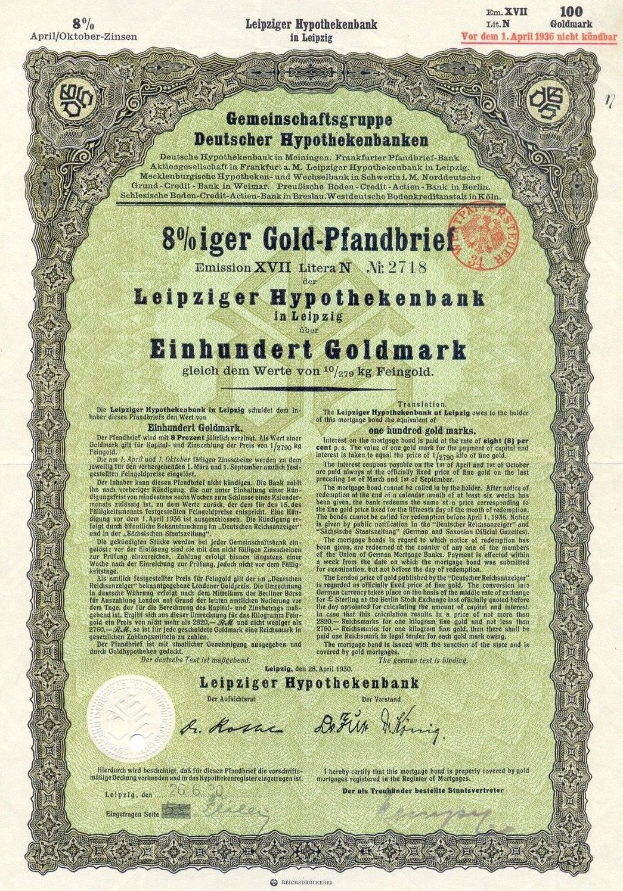Grüne Wertpapierurkunde von der Leipziger Hypothekbank mit gedrucktem Text und einem Stempel.