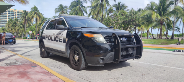 Ein Polizeiwagen am Straßenrand mit Menschen, Fahrrädern, Gras, Bäumen, Gebäuden und einem klaren blauen Himmel im Hintergrund; das Vorderrad des Wagens ist sichtbar.