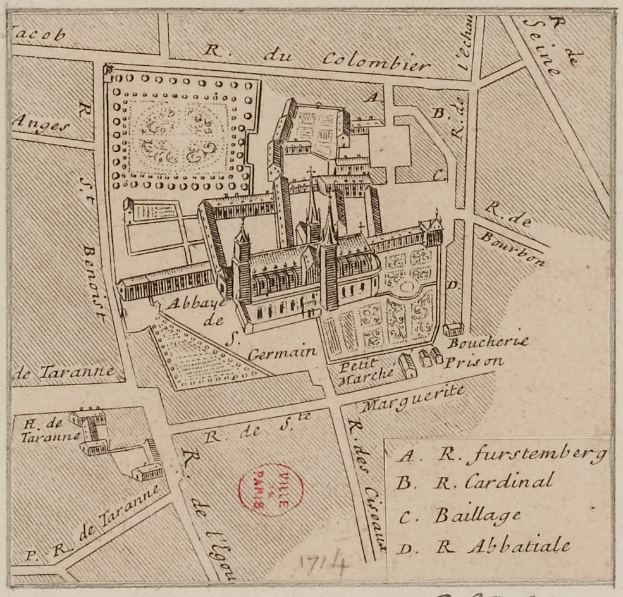 Ein altes Stadtplan von einer Stadt mit einem zentralen Gebäude und beschreibendem Text auf dem Papier.