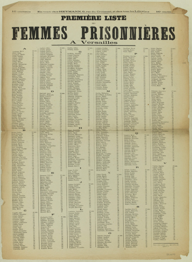 Gelblich altes Buchseite mit einer Liste von Frauenhäftlingsnamen in zwei Spalten, geschrieben in schwarzer Tinte.