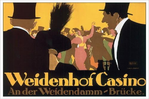 Plakat für das Weidenhof Casino in Brücke, Deutschland, zeigt tanzende Menschen mit "Weidenhof" in fetter Schrift oben, eingerahmt von einem schwarzen Rand.