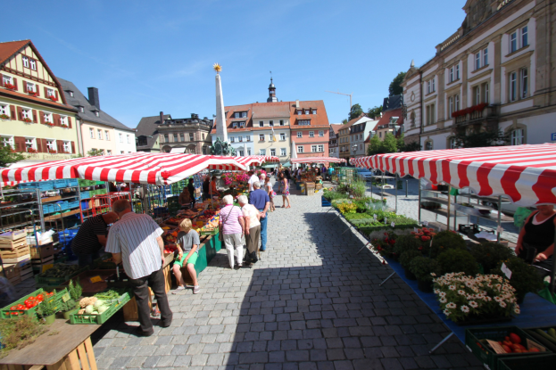 Ein belebter Markt im historischen Stadtkern von Heidelberg mit Menschen, die spazieren gehen, auf Bänken sitzen und in der Nähe von Zelten stehen, mit Gemüsekörben auf Tischen, Gebäuden mit Fenstern, Bäumen und einem klaren blauen Himmel.