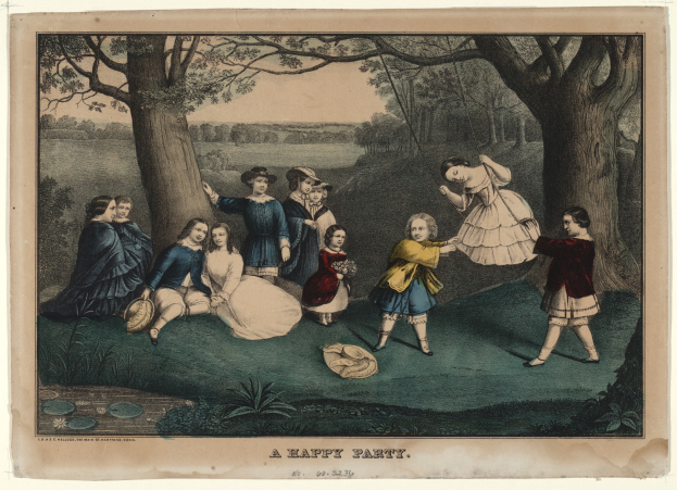 Eine Gruppe von Kindern, die in einem Park mit Bäumen, Pflanzen und Gras spielen, einige sitzen und einige stehen, mit dem Text "Eine glückliche Party" unten.